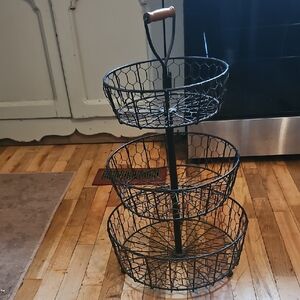 Three-Tier Black Metal Basket Stand 26" Tall